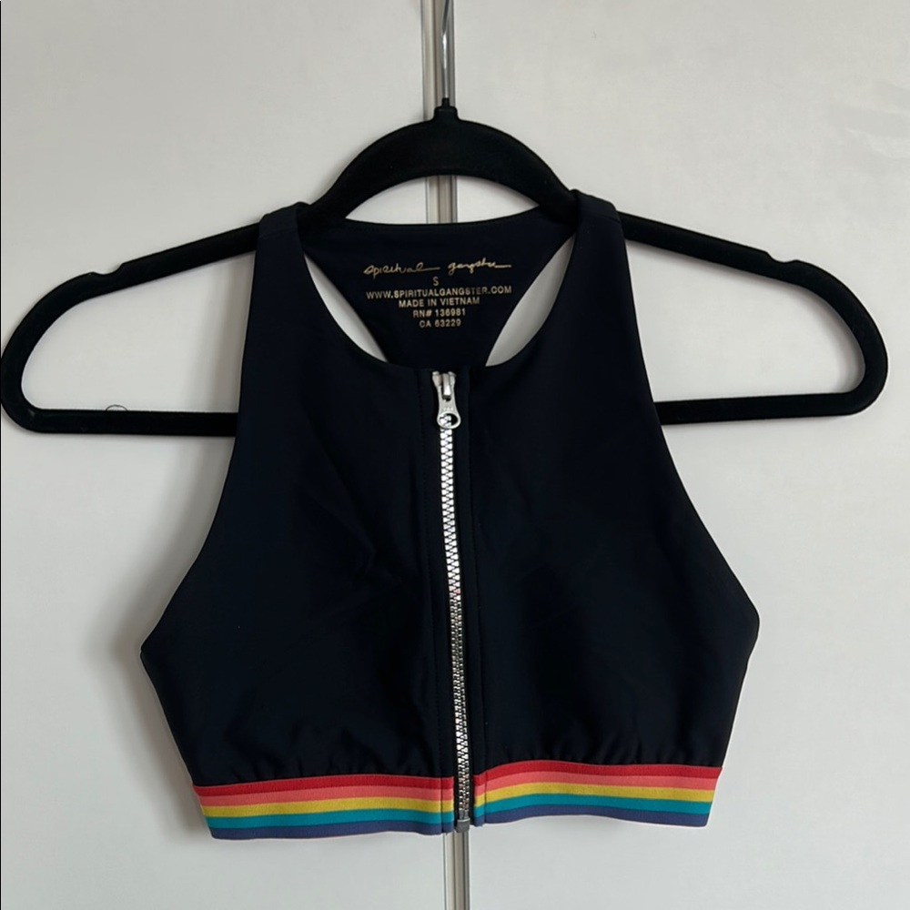 Spiritual Gangster zip-up crop top with rainbow stripe